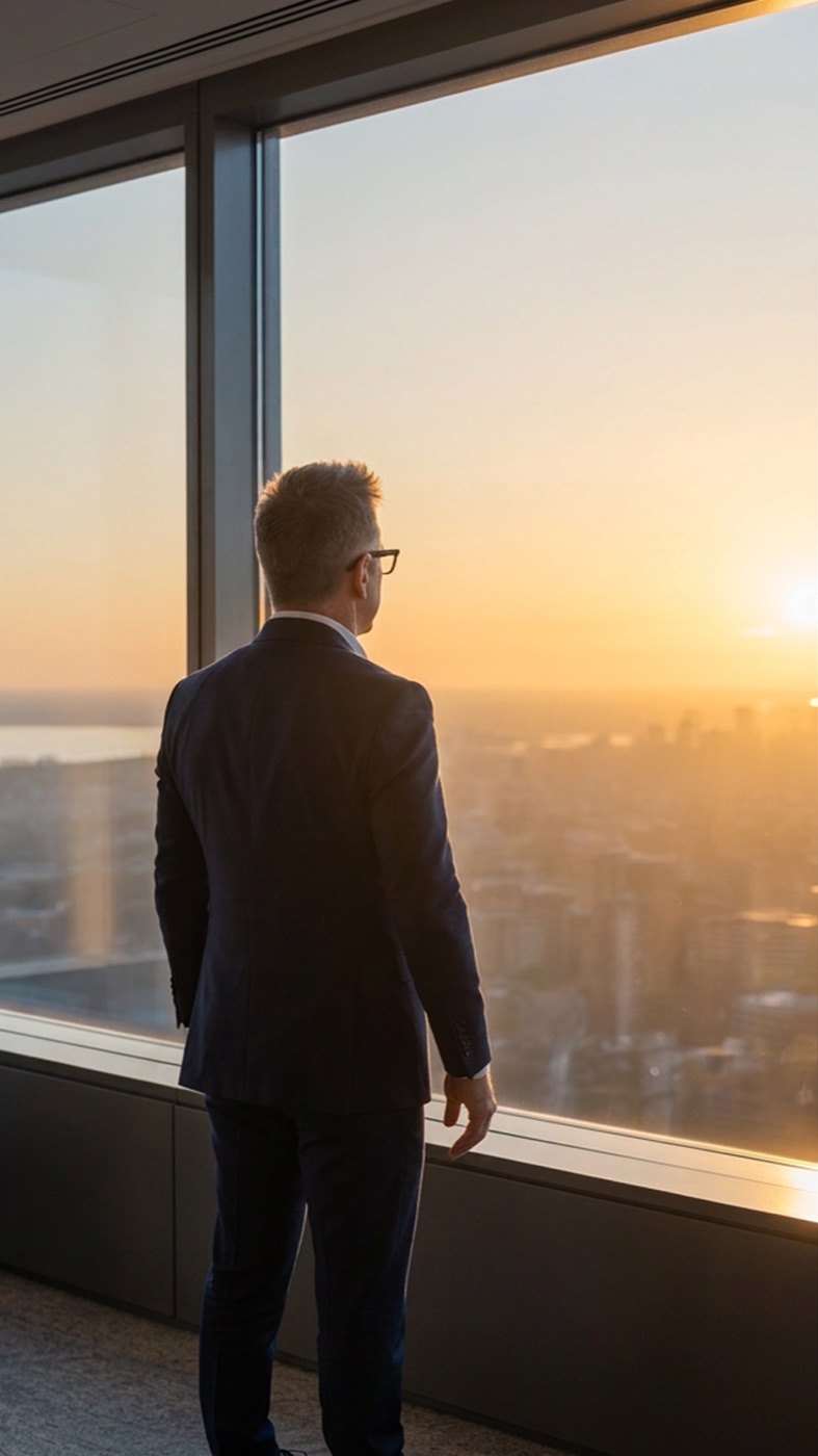 An executive silhouetted at a floor-to-ceiling window looking out over a city skyline at sunrise