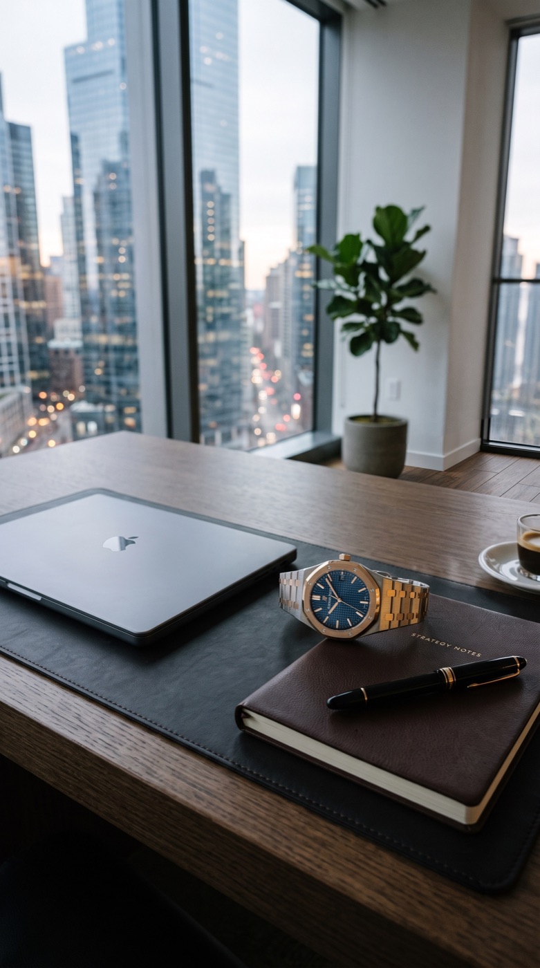 A cleared executive desk at dusk with a laptop, notebook and watch, city skyline beyond