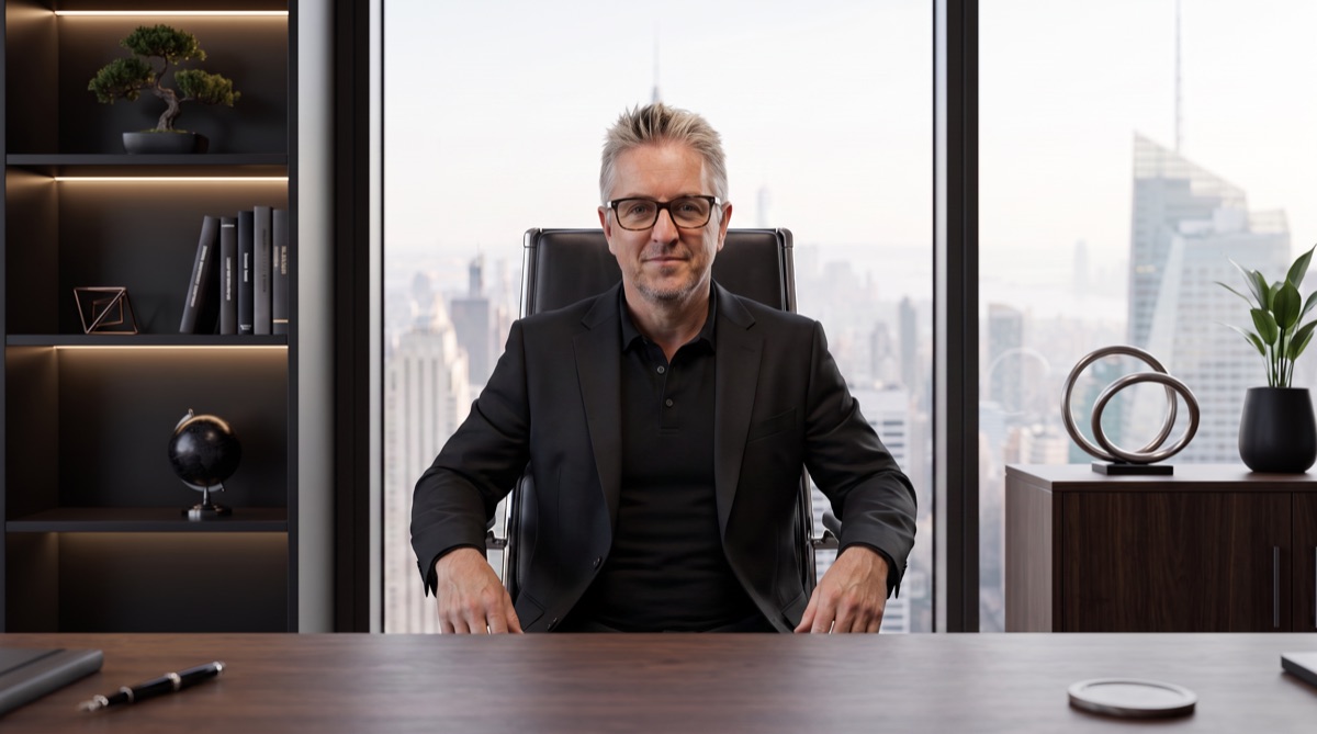 An executive seated at a dark boardroom desk facing the camera, city skyline behind