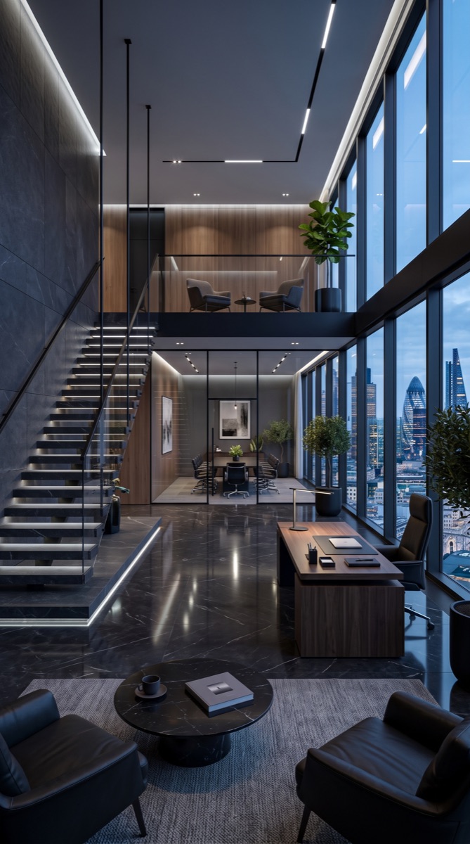 A sleek dark modern office interior with a staircase and floor-to-ceiling windows